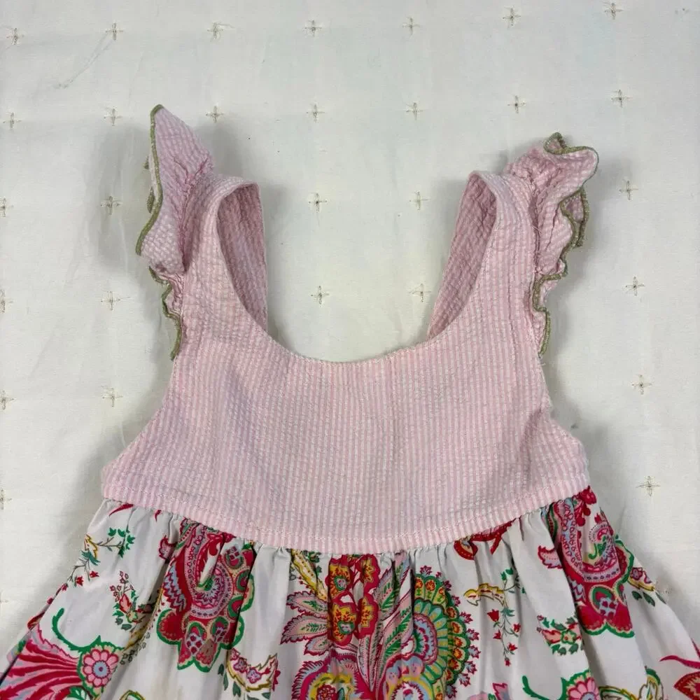 Icky Baby Seersucker Sun Dress Girls 24M Pink Floral Paisley Boho Cottage Summer